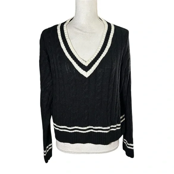 Elodie Black Knit Sweater with White Trim VNeck Sweater - Picture 2 of 8